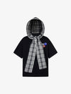 Jersey Knit Detachable Badge Hooded Plaid Cape T-Shirt 