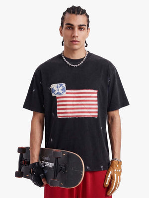 Vintage Washed Flag Patchwork Graphic T-Shirt 