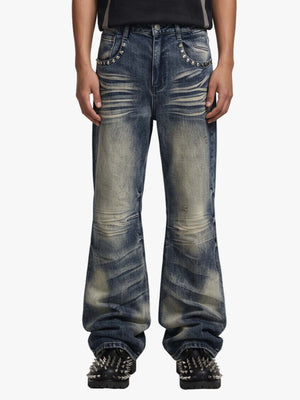 Vintage Washed Studded Pocket Flared Jeans - 2617 