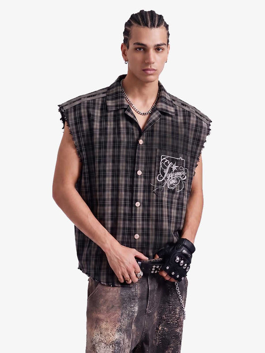 Vintage Punk Distressed Plaid Sleeveless Shirt - 2629