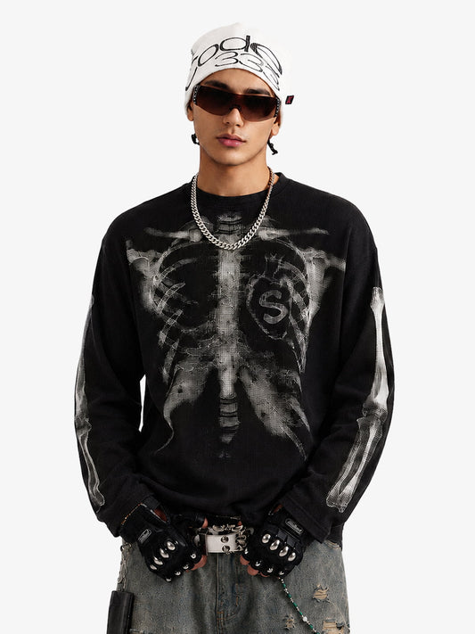 Waffel-Sweatshirt mit Skelett-Motiv - 2495