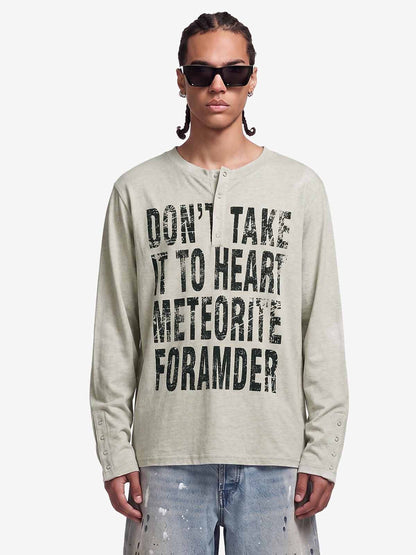 Vintage Grunge Text Print Henley Long Sleeve T-Shirt 