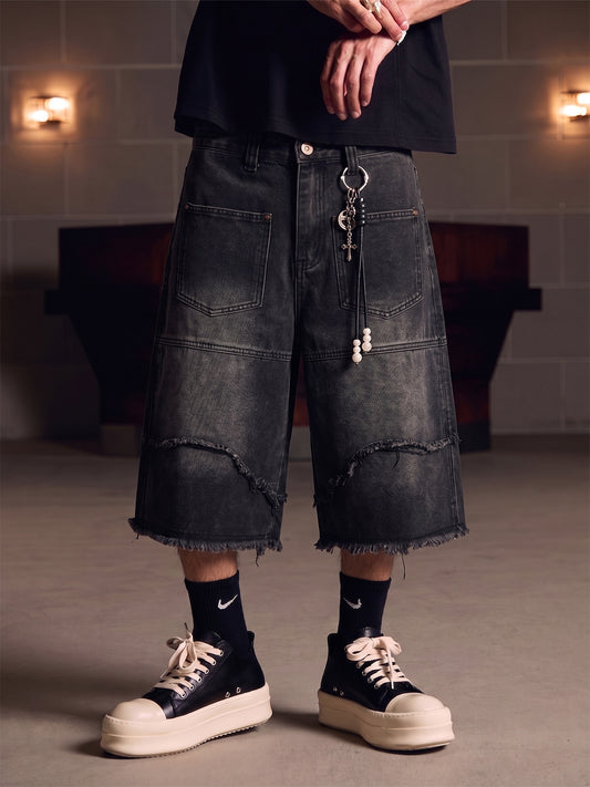 Ausgefranste, mehrlagige Jeans-Shorts mit Einsätzen