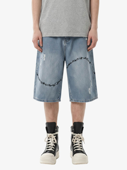 Vintage Barbed Wire Embroidery Distressed Washed Denim Jorts 