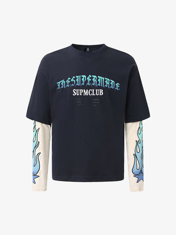 Gradient Letter Print Patchwork Faux Two-Piece Long-Sleeved T-Shirt 