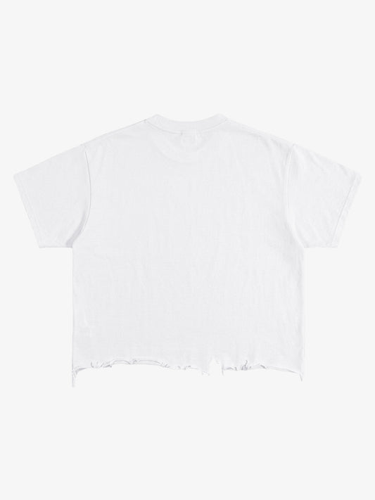 Schwarzes, zerrissenes, übergroßes Cropped-T-Shirt aus Baumwolle mit offenem Saum