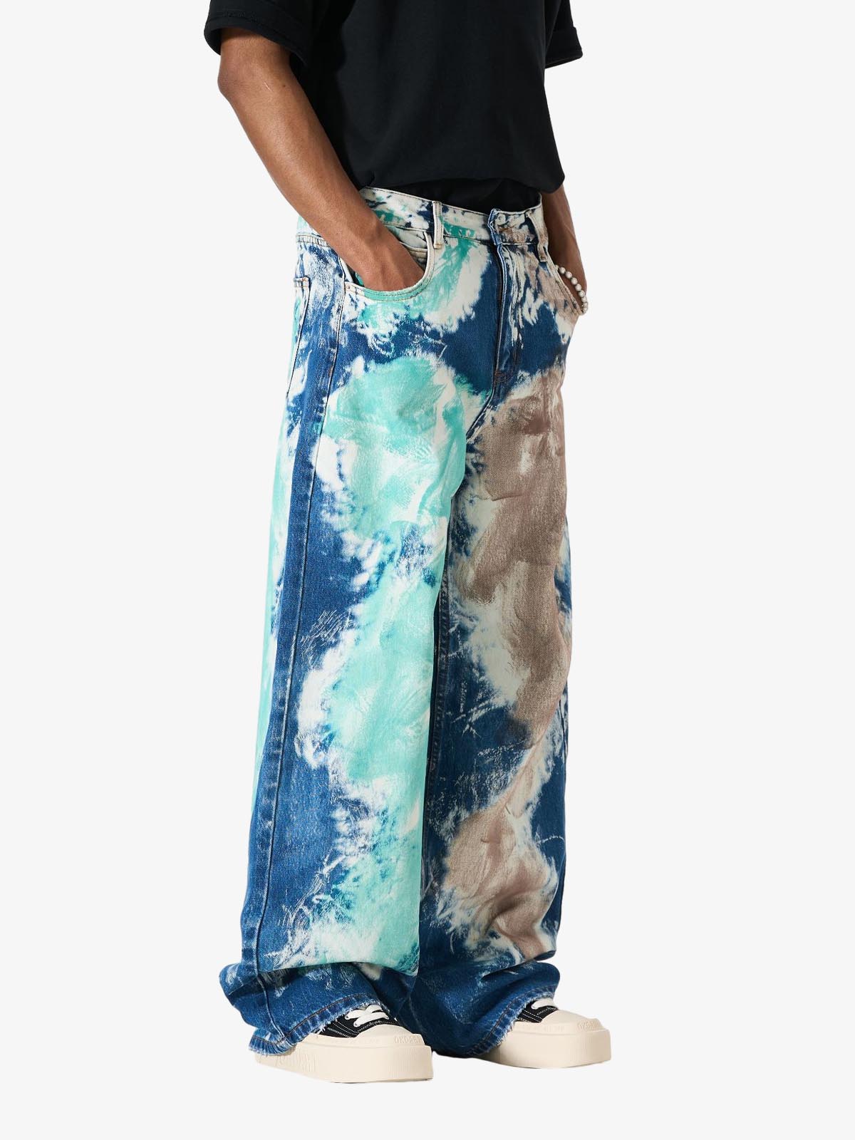 Denim Tie-Dye Wide Leg Jeans with Blue Green and Beige Patterns 