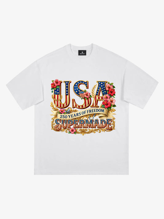 T-Shirt mit Blumenmuster und USA-Flagge