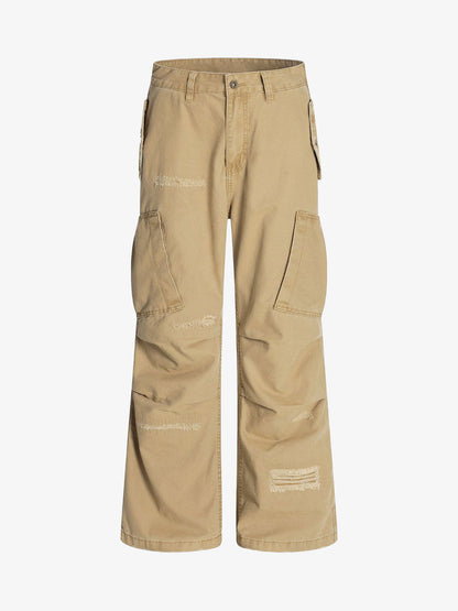 Hole Patch Pleated Multi-pocket Work Wear Casual Pants 