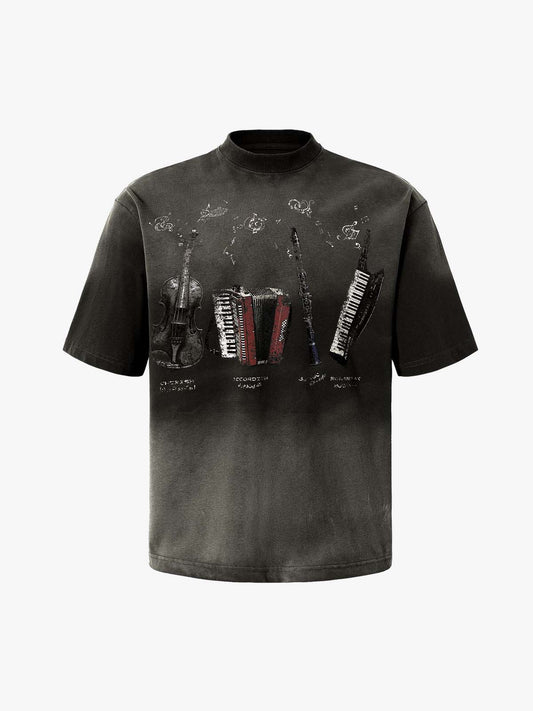 T-Shirt mit Musikinstrumenten-Motiv – Oversized-Baumwolle, Streetwear-Passform