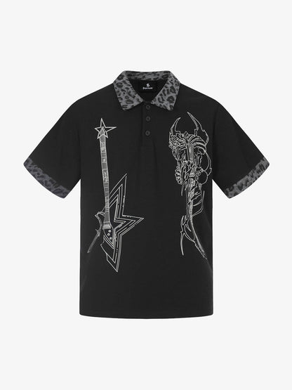 Rock Grunge Aesthetic Leopard Patchwork Polo Shirt 