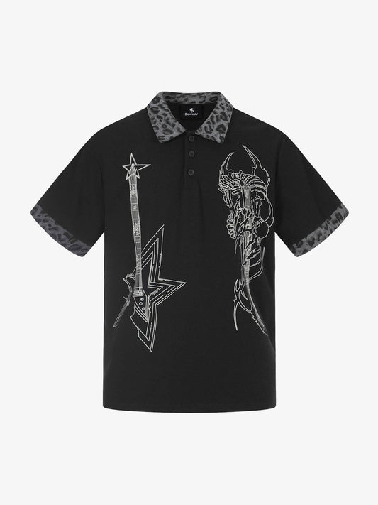 Rock-Grunge-Ästhetik-Poloshirt mit Leopardenmuster