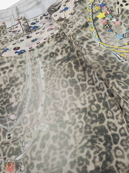 Charm Detail Leopard Denim Shorts 