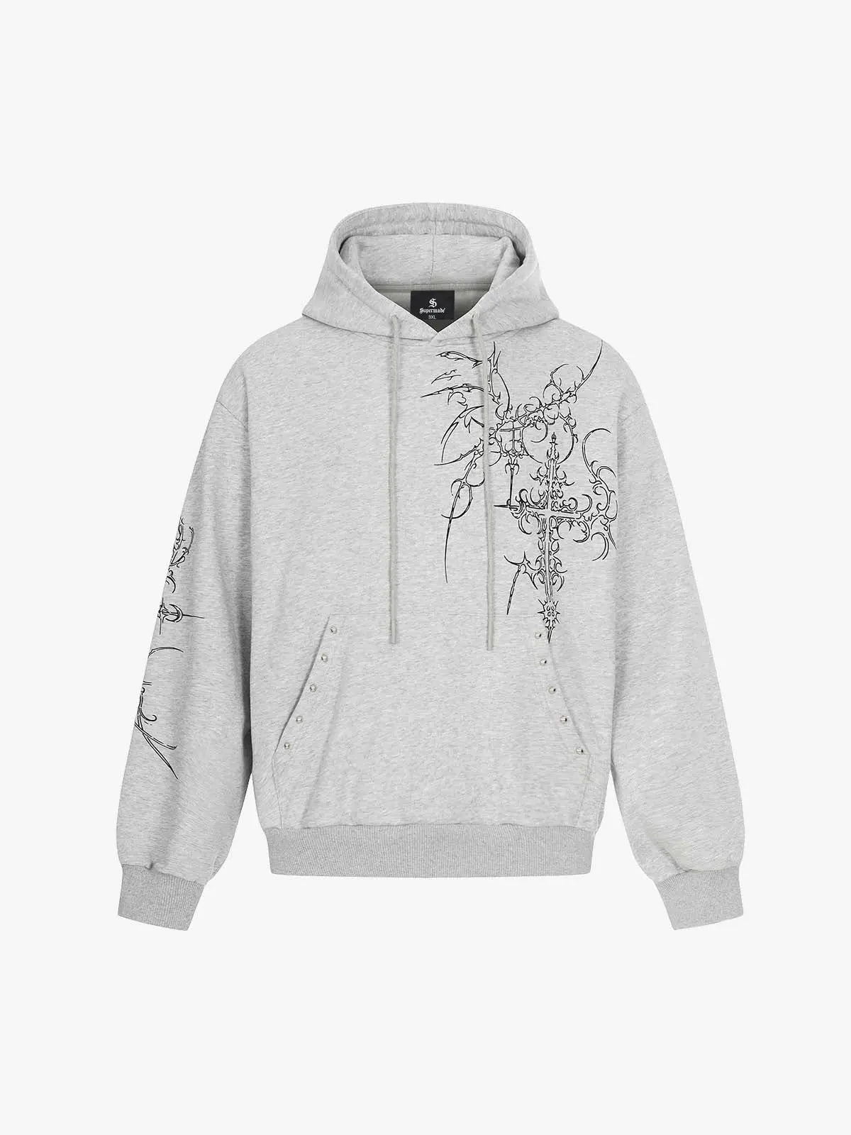 Floral Line Art Studded Pocket Hoodie 