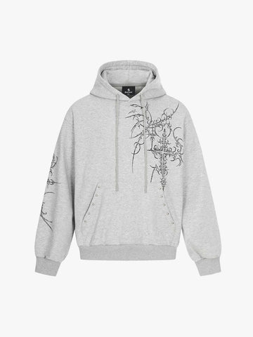 Floral Line Art Studded Pocket Hoodie 