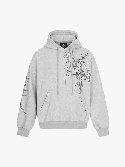Floral Line Art Studded Pocket Hoodie 
