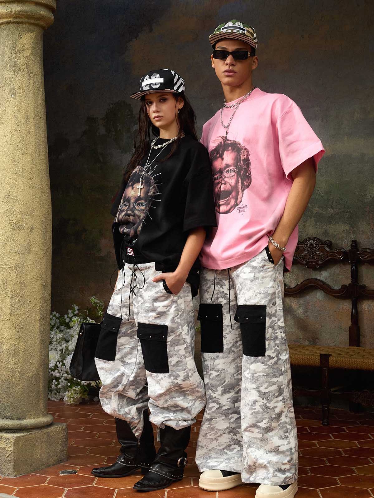 Cotton Blend Camouflage Wide Leg Pants with Drawstring Waist and Flag Patch 