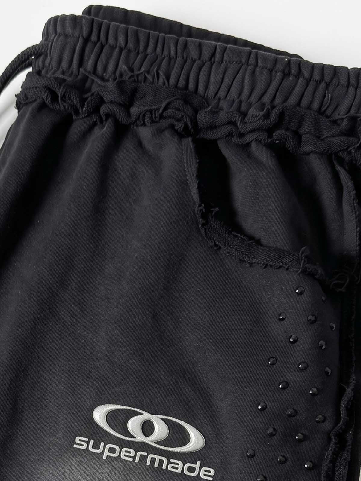Washed Distressed Rhinestone Trim Sweatpants 