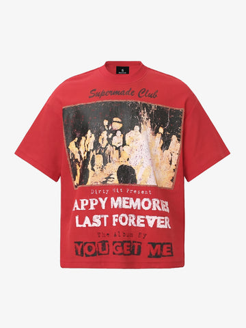 Red Waffle-Knit Cotton Blend Oversized T-Shirt with Bold Iron Cross Graphic Print