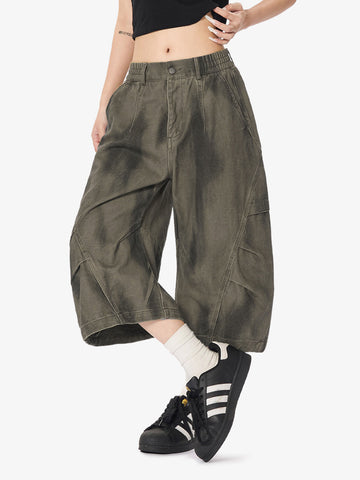 Olive Washed Wide-Leg Cargo Shorts – Cotton Twill Relaxed Fit Utility Shorts
