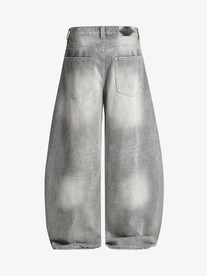 Retro Washed Distressed Curved Blade Wide-Leg Jeans 