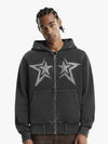 Vintage Washed Symmetrical Star Rhinestone Zip-Up Hoodie 