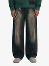 Vintage Inkjet Dirty Dye Washed Scimitar Distressed Jeans 