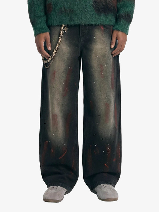 Vintage Inkjet Dirty Dye Washed Scimitar Distressed Jeans 
