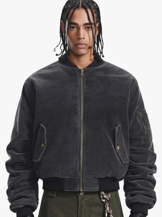 Vintage Washed Corduroy Distressed Bomber Jacket 