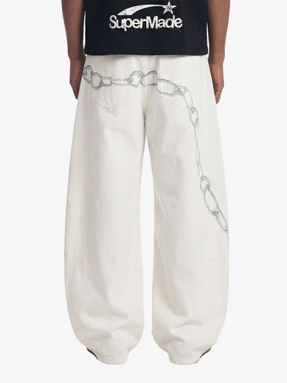 Vintage Distressed Chain Print Oversized Canvas Baggy Pants 