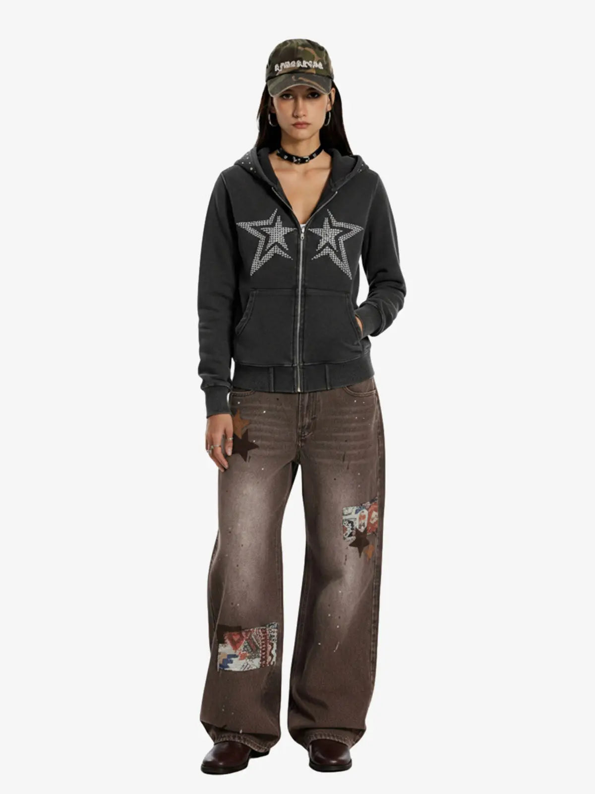 Vintage Washed Symmetrical Star Rhinestone Zip-Up Hoodie 