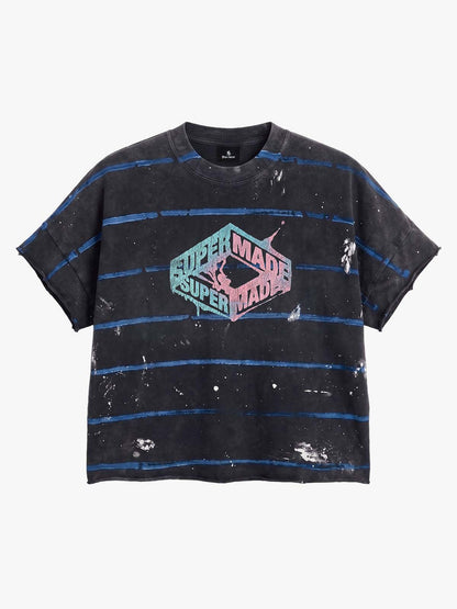 Vintage Washed Striped Paint Splatter Graphic T-Shirt