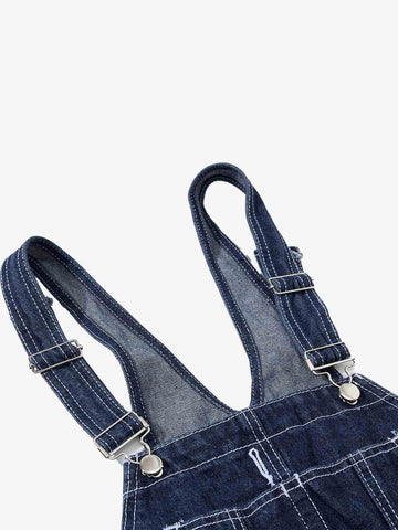 Vintage Contrast Stitch Raw Indigo Denim Wide-Leg Overalls 