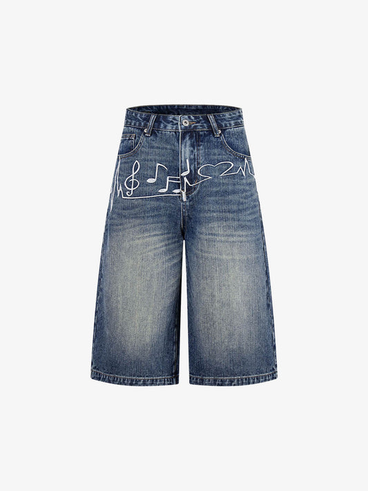 Jeansshorts mit Musikprint und gestickten Noten