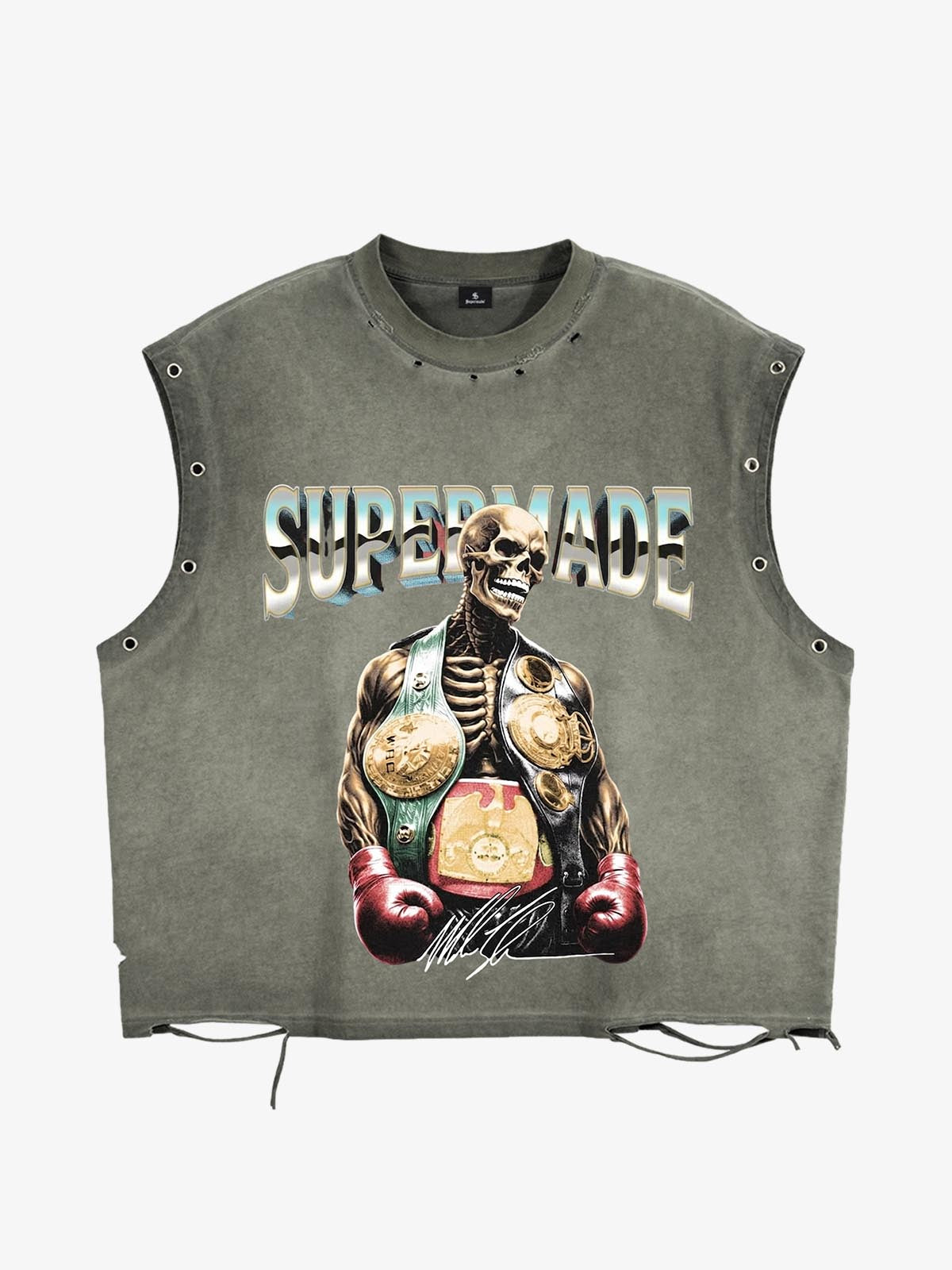 Distressed Sleeveless Tank Top with Punk Boxing Skull Print – Cotton Blend Grommet Detail Streetwear