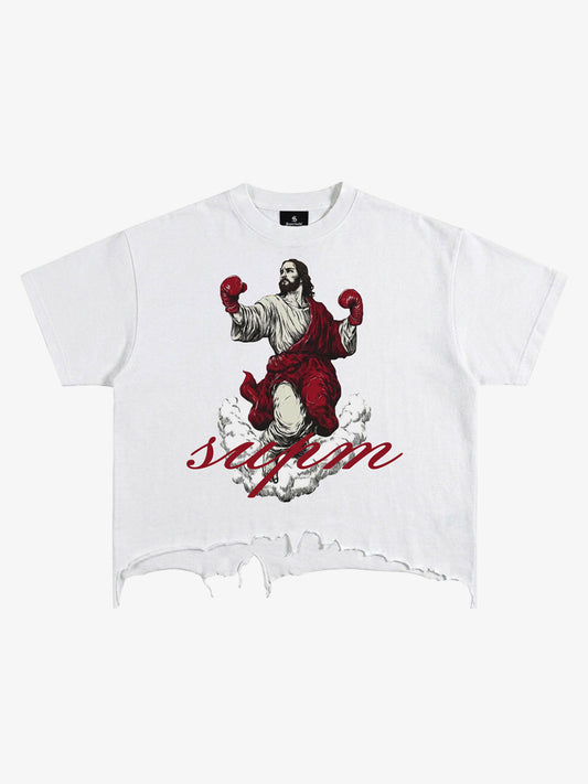 Schwarzes, zerrissenes, übergroßes Cropped-T-Shirt aus Baumwolle mit offenem Saum