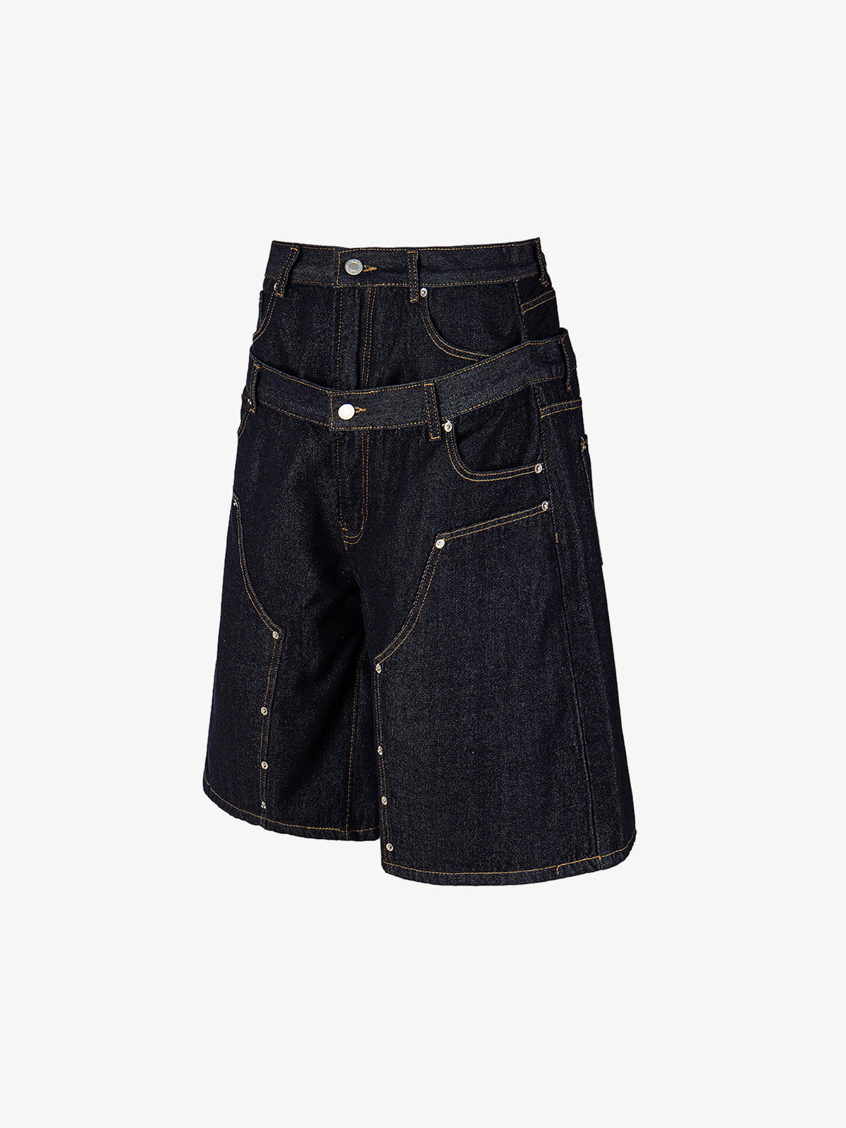 Raw Denim Oversized Shorts – High-Waisted Cotton with Dual Waistband & Rivet Detail