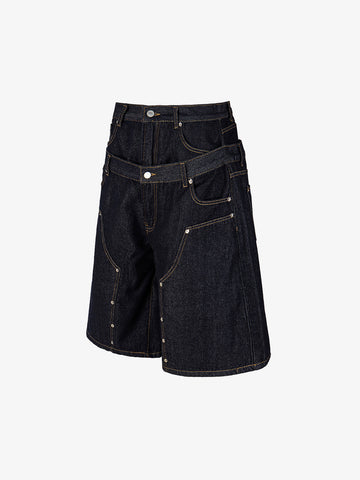 Raw Denim Oversized Shorts – High-Waisted Cotton with Dual Waistband & Rivet Detail