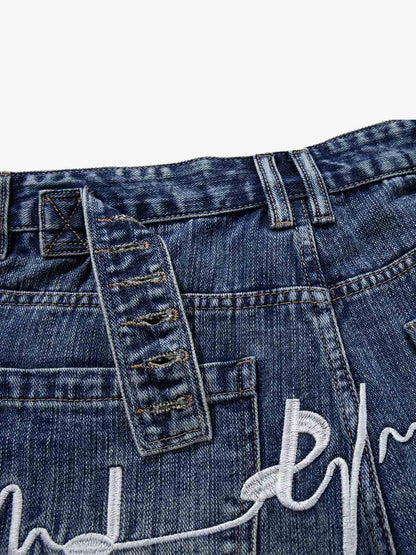 Music Print Denim Shorts with Embroidered Notes