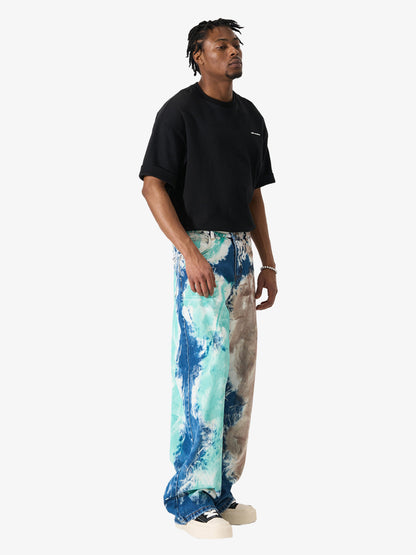 Denim Tie-Dye Wide Leg Jeans with Blue Green and Beige Patterns 