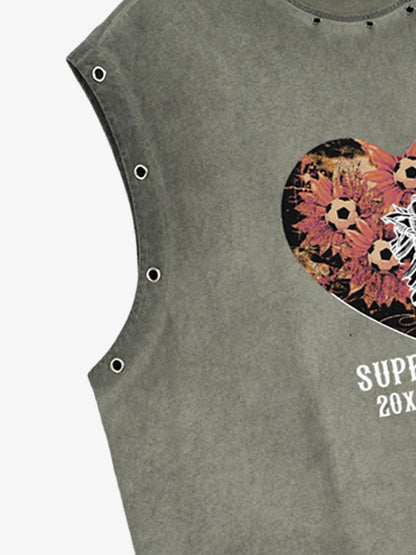 Floral Skeleton Heart Graphic Sleeveless T-Shirt 