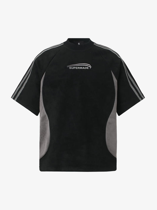 Cotton Blend Oversized Sport T-Shirt with Contrast Panels and Logo Print 