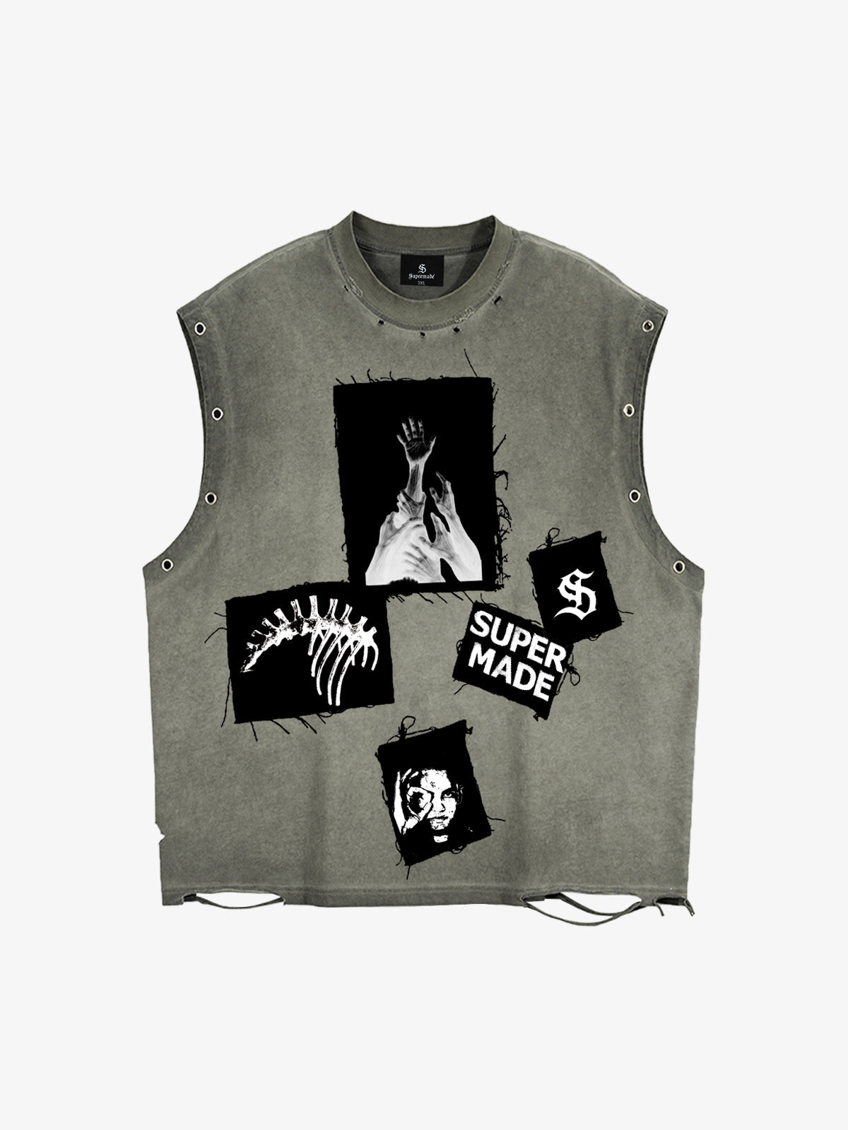 Ripped Graphic Patch Sleeveless Vest - 2632 