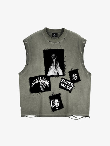 Ripped Graphic Patch Sleeveless Vest - 2632 