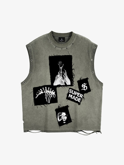 Ripped Graphic Patch Sleeveless Vest - 2632 