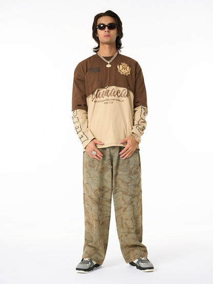 Retro Fake Two-Piece Patchwork College Badge Long Sleeve T-Shirt 
