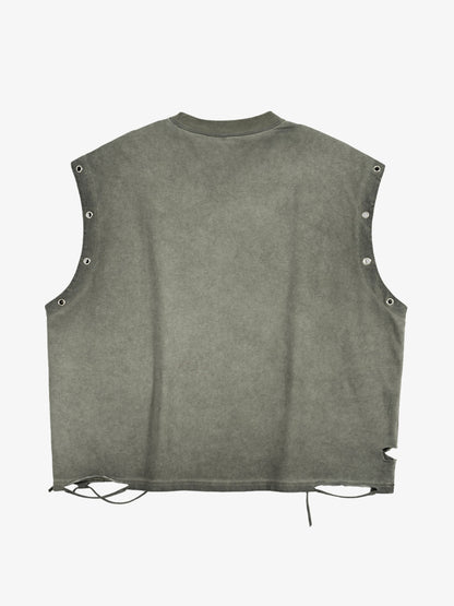 Washed Sleeveless Vest – Oversized Cotton Grommet Detail Drawstring Hem Streetwear