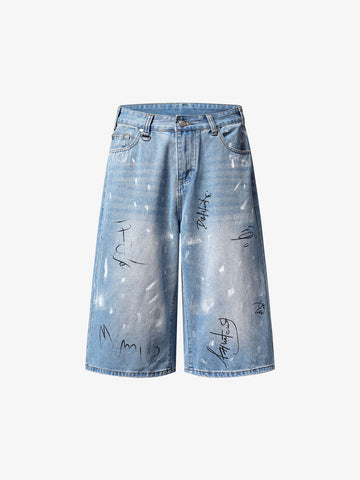 Light Wash Distressed Denim Shorts – Graffiti Print Wide-Leg Streetwear