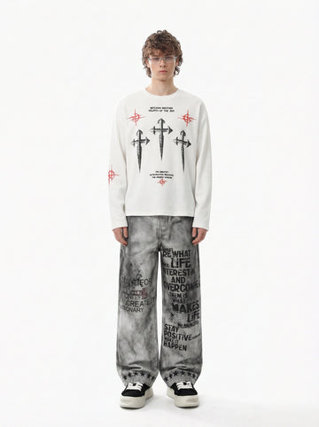 Letter Print Waffle Cross Long-Sleeved T-Shirt 