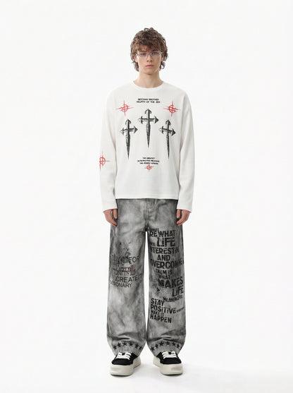 Letter Print Waffle Cross Long-Sleeved T-Shirt 